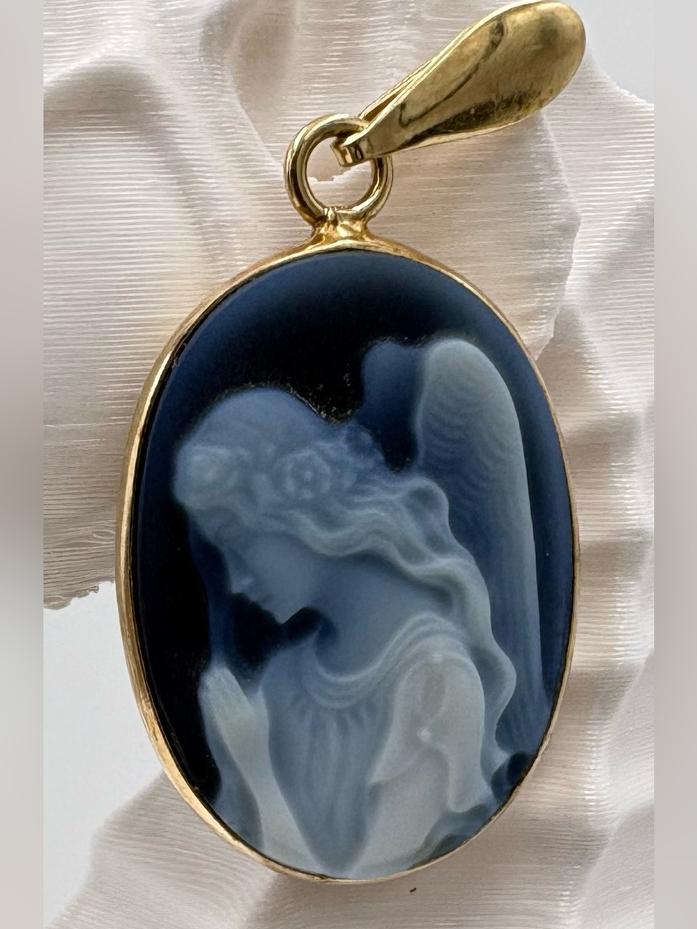 Vintage 14K Yellow Gold Blue Agate
Carved Praying Angel Cameo
Pendant Charm